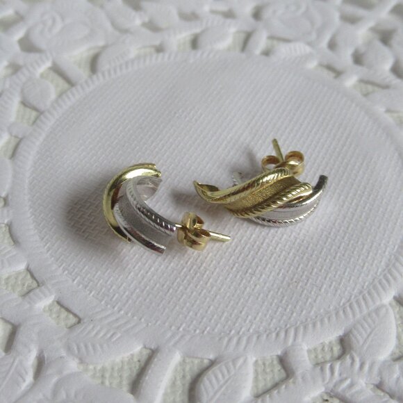 2 Tone, 585/14k, Yellow & White Gold Stud Earrings, Rope & Ribbon design - Picture 2 of 8